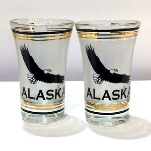 Pair Vintage Alaska Eagle shot glasses gold trimmed
